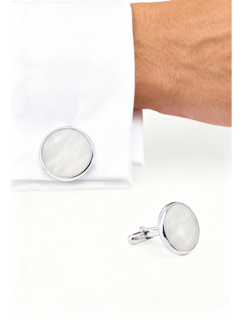DB Innov. Cufflinks, Natural Pearl Shell Silver Round Cufflinks, 2 PCS in One Set Copper Material Jewelry Specially Design for Men's Shirt Wedding Business Gift with Delicate Package Box. - Image 2